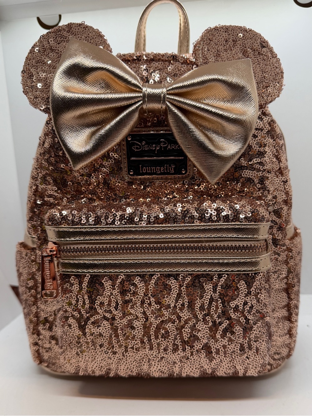 Loungefly Rose Gold Sequin Minnie Ear Backpack with Metallic Bow